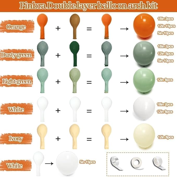 Dusty Green Orange White Balloon Garland, Double Stuffed Burnt Orange Sage Green Ivory Yellow Balloons Arch Kit for Baby Shower Gender Reveal Birthday Safari Jungle Party Decorations