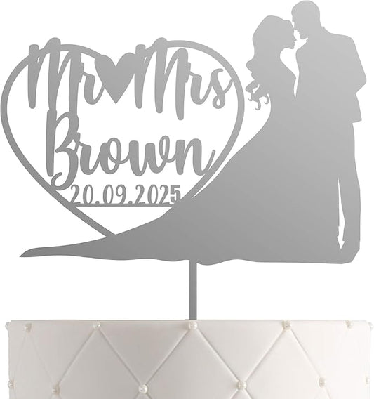 Personalized Mr. & Mrs. Wedding Cake Topper – Custom Bride & Groom Cake Decoration – Elegant Wedding Décor, Anniversary, Engagement Party (Design 5 (IP113), Silver Mirror)