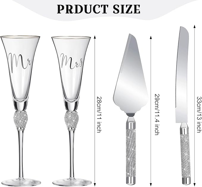 Boao 4 Piece Mr and Mrs Champagne Flutes and Cake Knife Server Set Crystal Wedding Toasting Flutes Rhinestone Cake Cutting Set for Bride and Groom Wedding Engagement Bridal Shower Gifts(Silver)