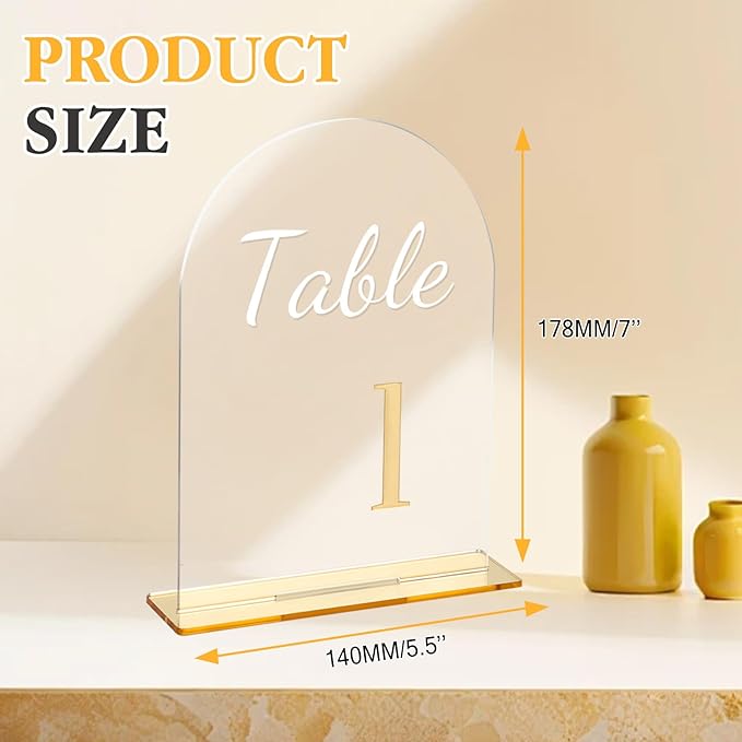 Wedding Table Numbers 1-20 with Stands 3D Gold Number 5.5” x 7” Arch Transparent Acrylic Signs with Holder Clear Acrylic Table Numbers for Wedding Reception Anniversary Party Events