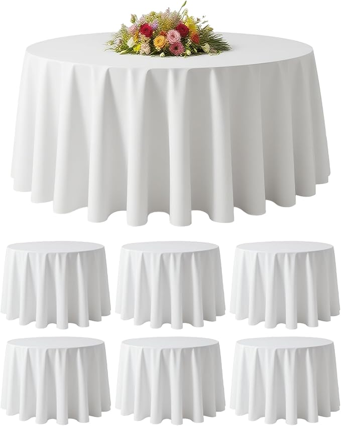 BESTVIP 6 Pack 90" White Washable Round Polyester Fabric Tablecloths | Fits 36"-66" Tables | Polyester Washable Fabric for Wedding Party Dining Banquet, Events, Holiday, Restaurant