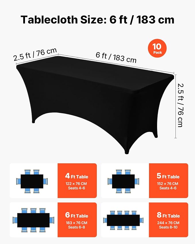 VEVOR 10 Pack Table Cloth for 6FT Rectangular Fitted Events, Wrinkle-Resistant Stretch Black Table Covers, Washable Spandex Tablecloth Protector, for Party, Wedding, Cocktail, Banquet, Festival