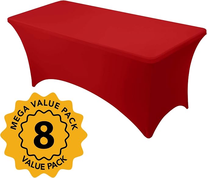 8-Pack Premium Red Spandex Tablecloths for 6ft Rectangle Tables, Stain & Wrinkle-Resistant, Washable Stretch Polyester Fitted Table Cover for Weddings, Banquets, Trade Shows Events