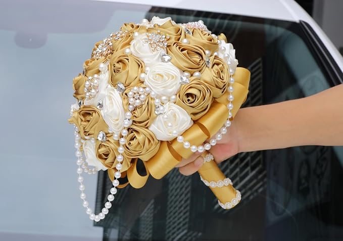 Ivory and Gold Bridal Wedding Bouquet with Rhinestone Brooch Pearl String Cascade Bouquet for Bride Bridesmaid Quinceanera Satin Rose Flower Bouquet Wedding Gold and Ivory 6.3in