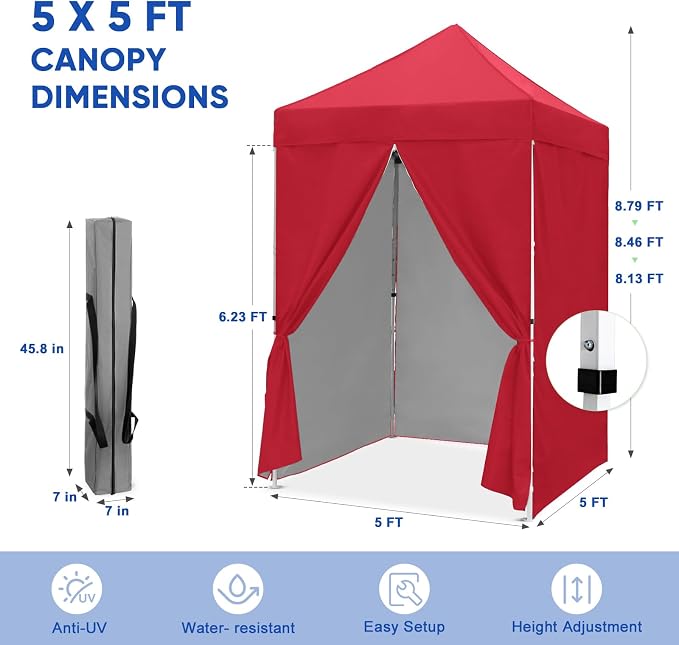 COOS BAY 5x5 Pop Up Canopy Tent with Side Walls, Easy Setup Portable Sun Shelter with Carry Bag, Outdoor Shade for Beach, Camping, Sports & Backyard, Red