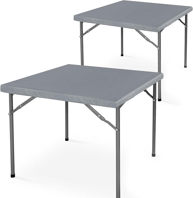 LUSHVIDA 2 Packs Vinyl Card Tablecloth with Flannel Backing 36x36 inch - Waterproof Plastic Picnic Table Cover for Square Folding Table Cloth with Elastic Corners, Light Gray