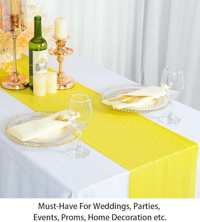 ShinyBeauty Table Runners Pack of 10 Home Decor Sequin Table Runners Yellow 12x108-Inches Wedding Graduation Party Supplies Birthday Table Cloth Baby Shower Table Linen Supplies