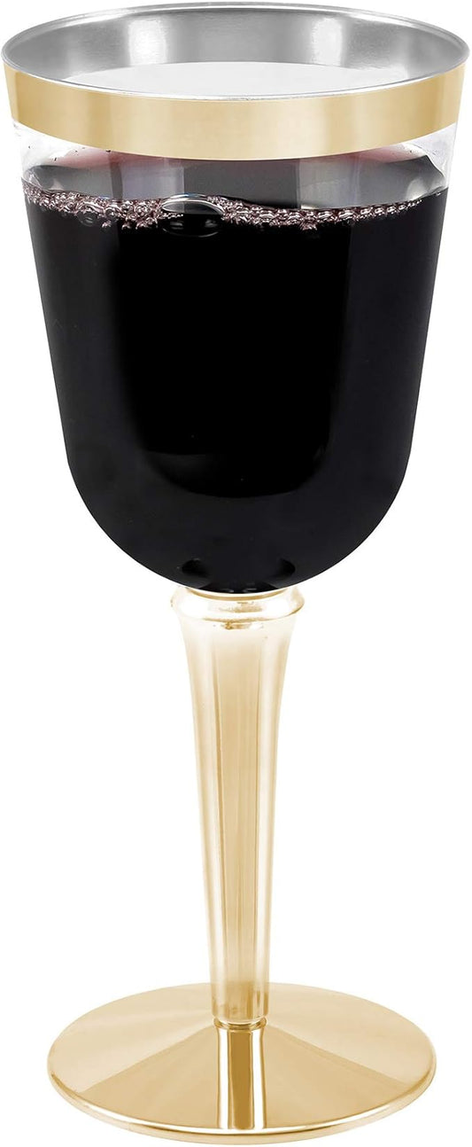 BloominGoods Disposable Wine Glasses With Stem, 10 Oz. Gold Rim Plastic Wine Glasses For Parties, Weddings, Large Clear Wine Cups Plastic, 50 Ct.