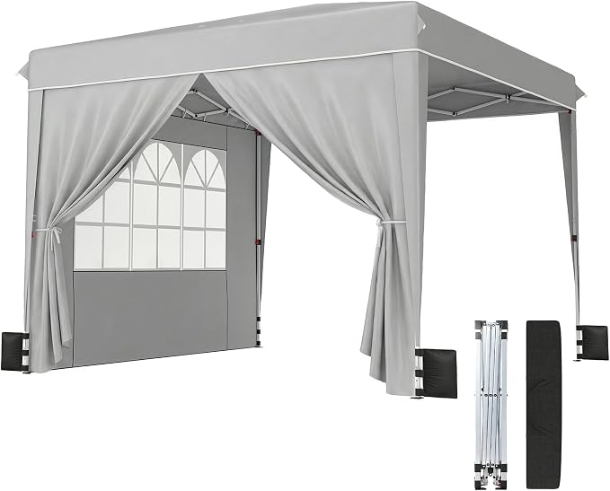 Outsunny 10 x 10 ft Pop Up Canopy Tent with Sidewalls, UPF50+ Outdoor Portable Instant Canopy Shelter with Carry Bag, Sandbags, Adjustable Height for Parties, Events, Camping, Light Gray
