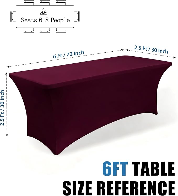 6FT Burgundy Table Cloth - 2 Pack Fitted Stretch Rectangle Spandex Tablecloth, Washable Table Cover for Party, Picnic, Wedding, Banquet, Birthday and Festival(30" x 72")
