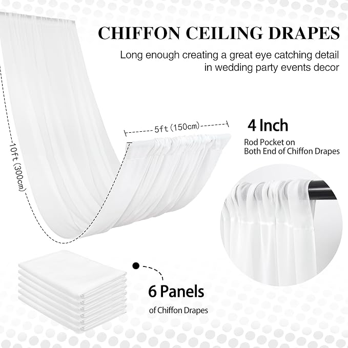 DUOBAO 10ft White Wedding Chiffon Ceiling 6 Panels, Sheer Fabric Drapes for Stage Tent Party Photo Backdrop Decor