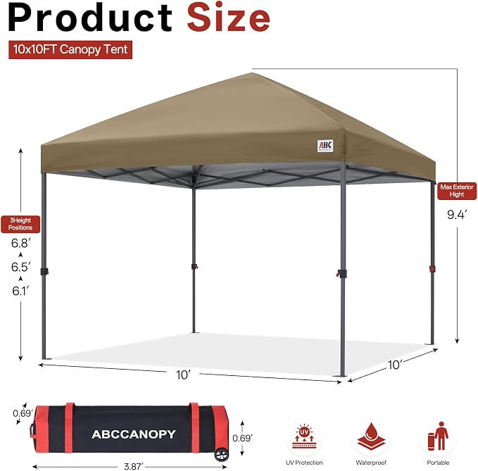 ABCCANOPY 10x10 Pop Up Canopy Tent, Easy Setup Instant Shelter with Wheeled Bag, Heavy Duty Outdoor Canopy for Beach, Market, Backyard, UV Protection, Outdoor Weather Protection (Khaki, 10x10)