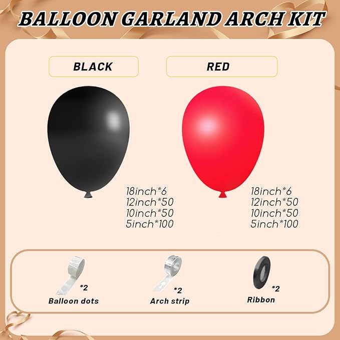 412Pcs Red Black Balloons Garland Arch Kit,18 12 10 5 Inch Different Size Black and Red Balloon Garland fo for Wedding Birthday Graduation BBQ Casino Party Prom Party Arch Decoration