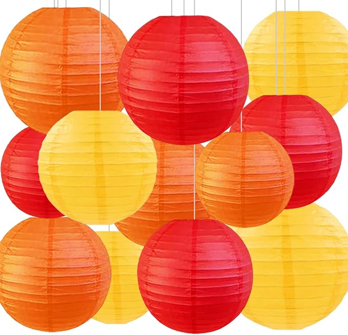 Red Orange and Yellow Peach Paper Lanterns (12 Pack) - Hanging Paper Lanterns for Firefighter Thanksgiving Birthday Party Decoration