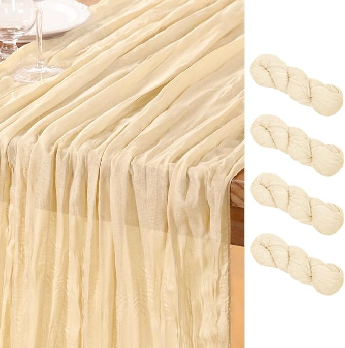 DeZerlor Beige Cheesecloth Table Runner 4 Pack Spring Easter Table Runners 120 Inches Boho Gauze Cream Cheese Cloth Table Decor for Wedding Bridal Baby Shower Parties