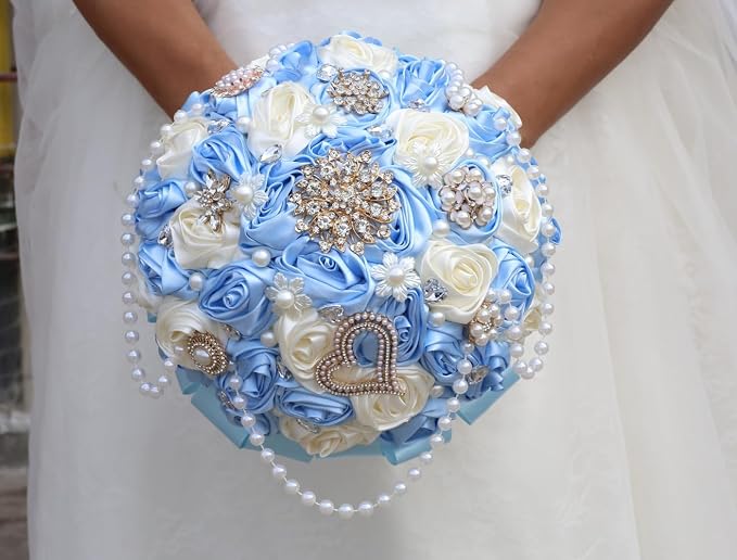 Light Blue Bridal Wedding Bouquet with Rhinestone Brooch Pearl String Cascade Bouquet for Bride Bridesmaid Quinceanera Satin Rose Flower Bouquet Wedding Light Blue and Ivory 6.3in