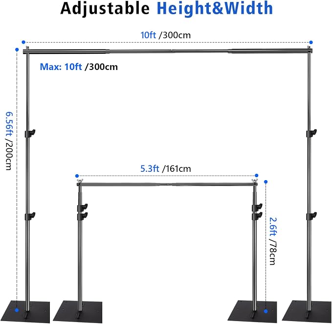 HYJ-INC Pipe and Drape Photography Backdrop Stand Kit Adjustable Photo Background Stand 10ft x 6.5ft with Metal Base for Parties Weddings Birthday Party Events Photo Booth