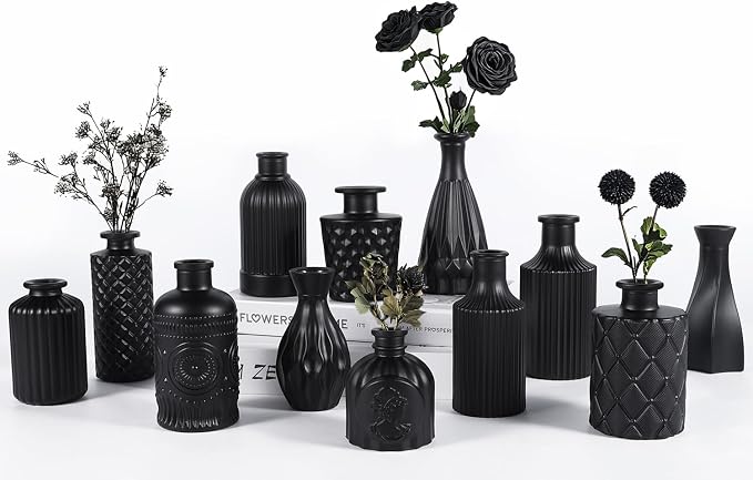 TBWIND 12pcs Glass Black Bud Vases Set, Small Vases for Flowers, Bud Vase for Centerpieces in Bulk, Mini Vintage Vase for Rustic Wedding Decorations, Office and Home Table Flower Décor