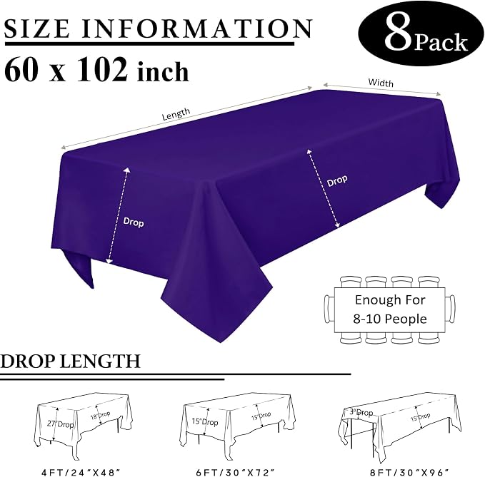 8 Packs Purple Tablecloth Rectangle 60x102 Inch Rectangular Table Cloth for 6 Foot Rectangle Tables, Wrinkle Resistant Polyester Fabric Tablecloth Washable Table Cover for Wedding Party Decor