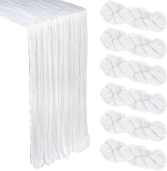 6 Pack White Cheesecloth Table Runner 10Ft Spring Gauze Cheese Cloth Table Runner 35x120 Inch Boho Sheer Rustic Fabric for Party Decor Baby Shower Wedding Holiday Decorations