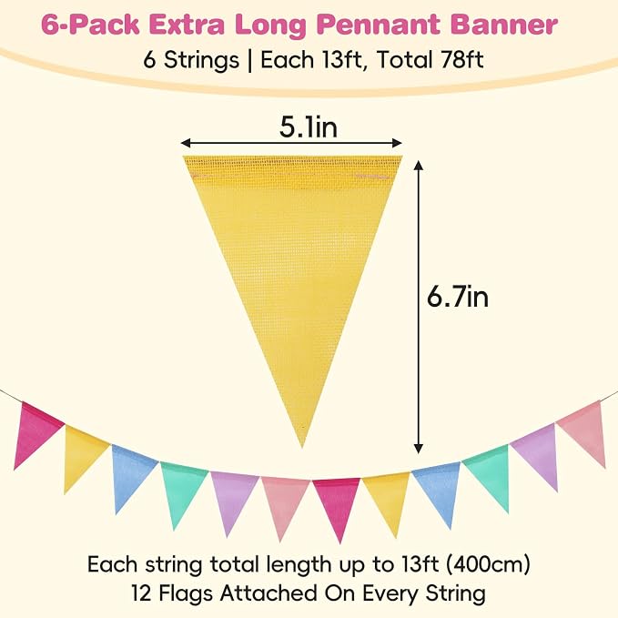 Pastel Pennant Banner Flags - 6 Strings 78ft Colorful Triangle Bunting Burlap for Birthday, Classroom, Graduation, Party, Carnival, Back to School & Outdoor Decorations