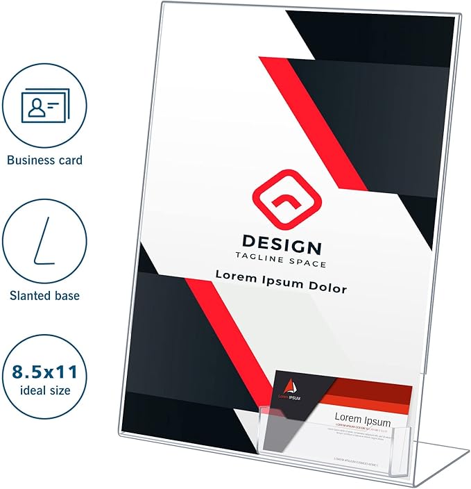 Crtiin 6 Pcs Acrylic Slanted Sign Holder with Business Card Holders Clear Display Stand Flyer Stand with Gift Card Holder for Office Table Advertisement Brochure (8.5 x 11 Inch,Side Insert)