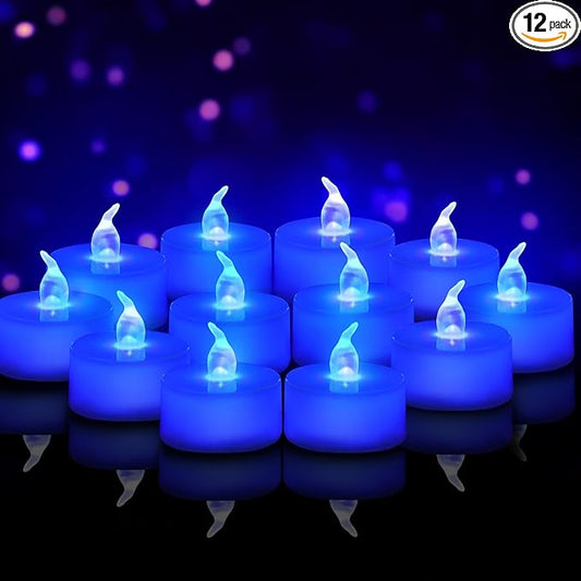 Tea Lights Battery Operated Candles LED Tea Lights Flameless Candles 200+ Hours Flickering Fake Tealights for Sweetest Day Wedding Home Decorations Party (Blue Base, 12 Pack)