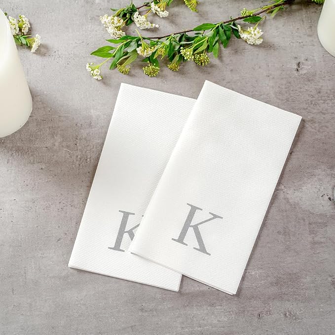 Luxenap 15.8 X 7.9 Inch Linen-Feel Guest Towels, 50 Lettered Hand Towels - Silver Letter 'K', Sans Serif Font, White Paper Dinner Napkins, airlaid, For Restrooms And Tables - Restaurantware