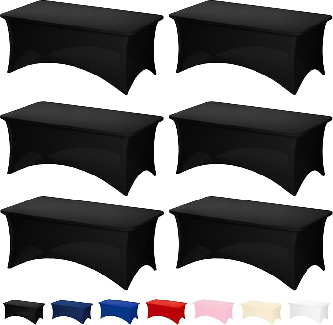 Fixwal 6 Pack Black Tablecloth Rectangle 8Ft, Stretch Spandex Fitted Table Cover for Party, Trade Show, Wedding, Buffet, Graduation, Vendor Stand