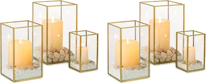 NUPTIO Hurricane Candle Holder Centerpieces: 6 Pcs Decorative Glass Candles Lantern with Gold Metal Frame Modern Pillar Candle Holders for Wedding Thanksgiving Anniversary Decor 8.1 & 6.5 & 4.7 inch