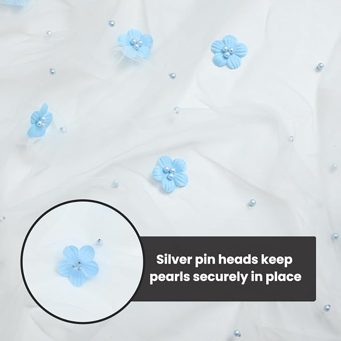 Artoid Mode Blue Flower Pearl White Gauze Table Runner 10FT, Seasonal Sheer Dining Holiday Wedding Birthday Baby Shower Table Decor for Home Party