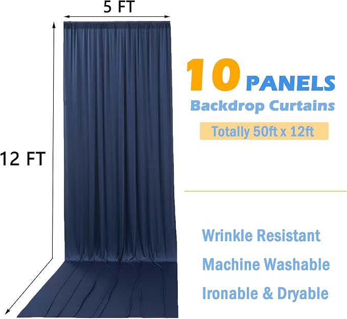 50ft x 12ft Wrinkle Free Navy Blue Backdrop Curtains for Parties, 10 Panels 12FT Long Photo Backdrop Drapes Silky Back Drop Cloth for Wedding Birthday Photography Background Decor