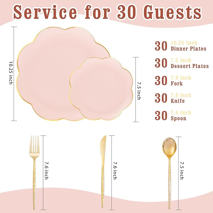 LIYH 150 Pcs Pink Dinnerware Set Pink Plastic Plates and Gold Silverware Set Gold Flower Edge Design Flower Plates Suitable for Wedding Birthday Bridal Shower(30 Guests)