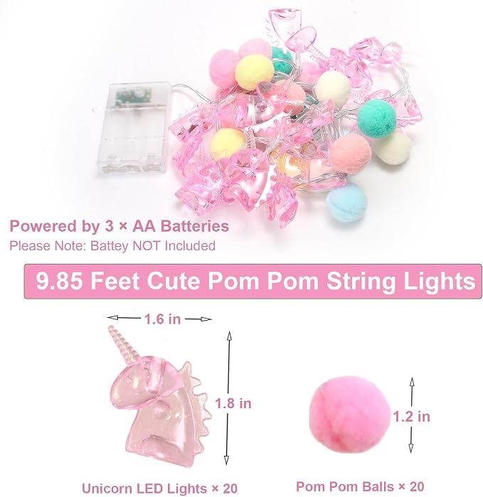 9.85FT Unicorn String Lights Cute Pom Poms Fairy LED String Lights Battery Operated with Timer Decor Lights for Kids Bedroom Birthday Party Kids Playhouse Wedding Valentine's Day Christmas Decorations