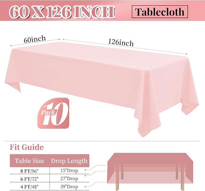 10 Pack 60 x 126 Inch Tablecloth, Pink Tablecloth for 8 Feet Rectangle Tables, Stain and Wrinkle Resistant Washable Fabric Table Cloth for Wedding Party Dining Table Buffet Parties Camping