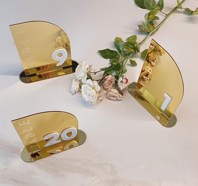 Acrylic Wedding Table Numbers,Semi-Arched Mirrored Acrylic Table Numbers for Any Party Occasion,Valentine's Day Party,Luxury Decoration(Number 1-20, Gold Mirror)