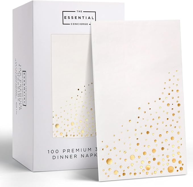 Stylish Gold Dinner Napkins, 100 White and Gold Napkins, Disposable Party Napkins, 7.5x4.25 Inch Wedding Napkins for Reception, 3-Ply Dinner Napkins, Disposable Napkins for Party, Gold Paper Napkins