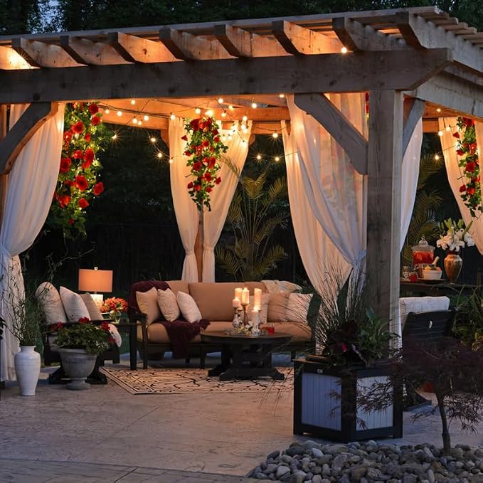 RECUTMS Artificial Red Rose Hanging Flowers Plants, 4PCS 37 Inches Draping Fake Ivy Garland with 30 LED Fairy String Lights for Home Garden Wedding Valentines Day Indoor Outdoor Greenery Decorations