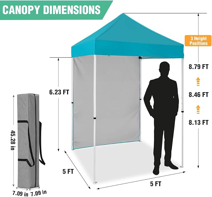 5x5 Pop Up Canopy Tent with One Sidewall, Instant Portable Beach Canopy, Outdoor Tent with Carry Bag for Camping, Sports, Tailgating, Events, Turquoise