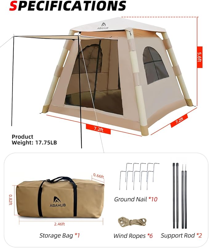 Abahub 2-4 Person Inflatable Camping Tent with Hand Pump, Easy Setup Blow Up Tent with Built-in Canopy, Waterproof 210D Oxford Fabric, Breathable & Ventilated Outdoor Glamping Tent