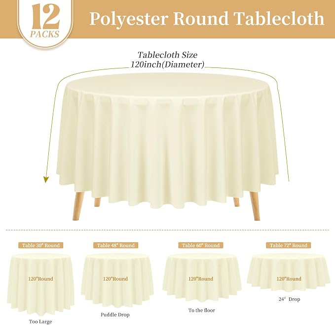 Pesonlook 12 Pack Beige Round Tablecloth-120 Inch Beige Table Cloth Polyester Round Table Cover Washable Fabric Table Cover for Wedding/Party/Banquet/Dining/Buffet Table