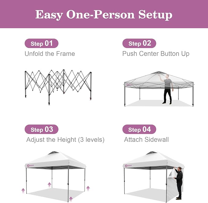 10x10 Pop Up Canopy with Sidewall, One-Person Setup - UV & Water Resistant Canopy Tent w/Wheeled Carry Bag for Beach, Patio, Camping & Events - White