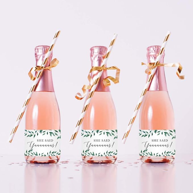 Andaz Press Mini Champagne Wine Bottle Labels, She Said Yaaaaaaas!, Greenery Green Leaves, 20-Pack, Mini Champagne Favor Gift Labels Stickers Bridal Shower Bachelorette
