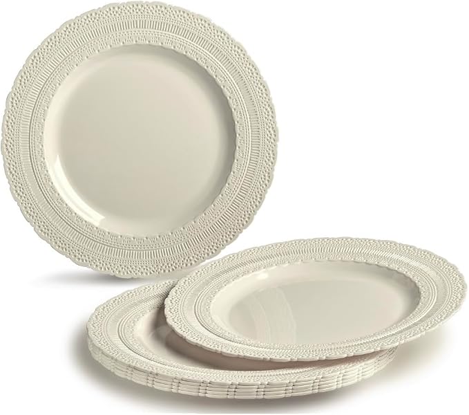 " OCCASIONS " 50 Plates Pack (25 Guests)-Extra Heavyweight Vintage Wedding Disposable/Reusable Plastic Plates -25 x 11'' Dinner + 25 x 8.25'' Salad/dessert (Chateau Collection Ivory)