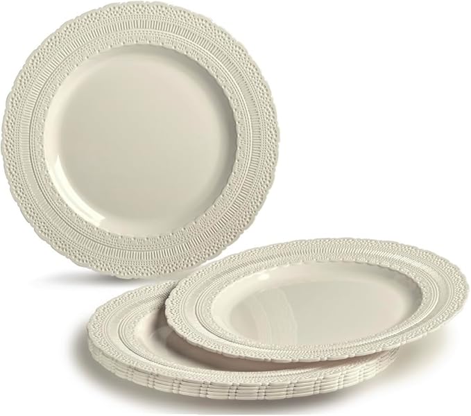 OCCASIONS 120 Guests Heavy Duty Disposable Plastic Plates Set – 11" Dinner & 8.25" Salad Plates, Premium Reusable Party Plates for Weddings, Events, Fancy Dinnerware – Chateau Ivory