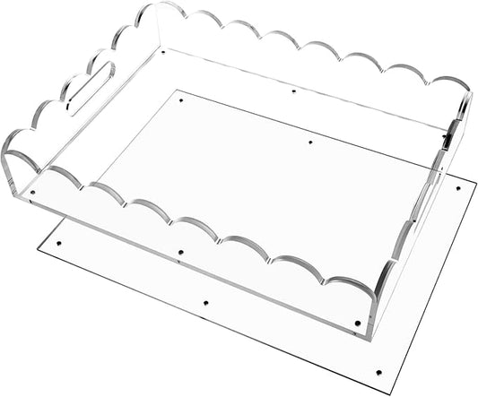 Acrylic Serving Tray 16"×12" with Handles, Clear Acrylic Scalloped Tray with Magnetic Mat for Customizable Picture, Spill Proof Clear Decorative Tray for Coffee Table, Vanity, Makeup Organizer