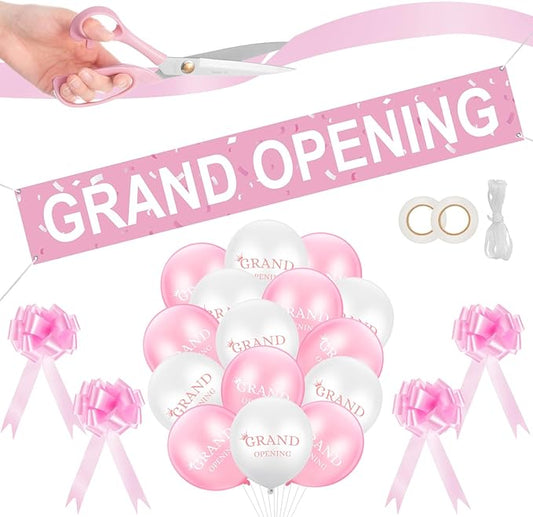 Grand Opening Ribbon Cutting Ceremony Kit Grand Opening Banner Decorations with 10'' Scissors 40 Pcs Balloons Satin Ribbon Bows and More Supplies for Business Events(Pink)