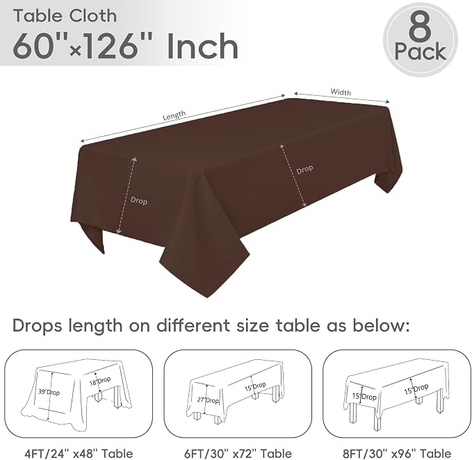8 Pack Brown Tablecloth 60 x 126 Inch Rectangular Table Cloth for 8 Foot Rectangle Tables, Wrinkle Resistant Washable Rectangle Fabric Table Covers for Wedding Party Banquet Buffet and Camping