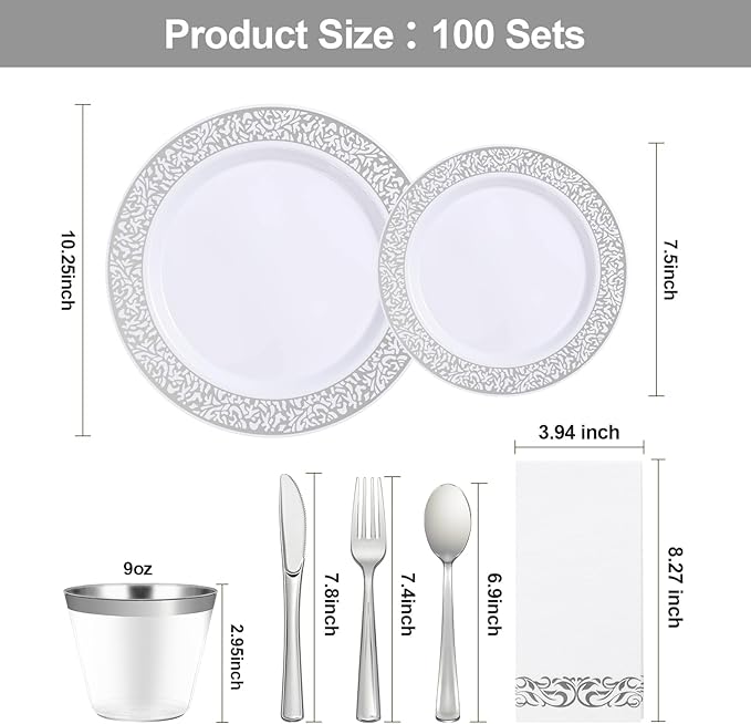 Bestluck 700PCS Silver Plastic Dinnerware Set for 100 Guests, Disposable Plates for Party, Include 100 Dinner Plates, 100 Dessert Plates, 100 Set Silver Silverware, 100 Cups, 100 Napkins