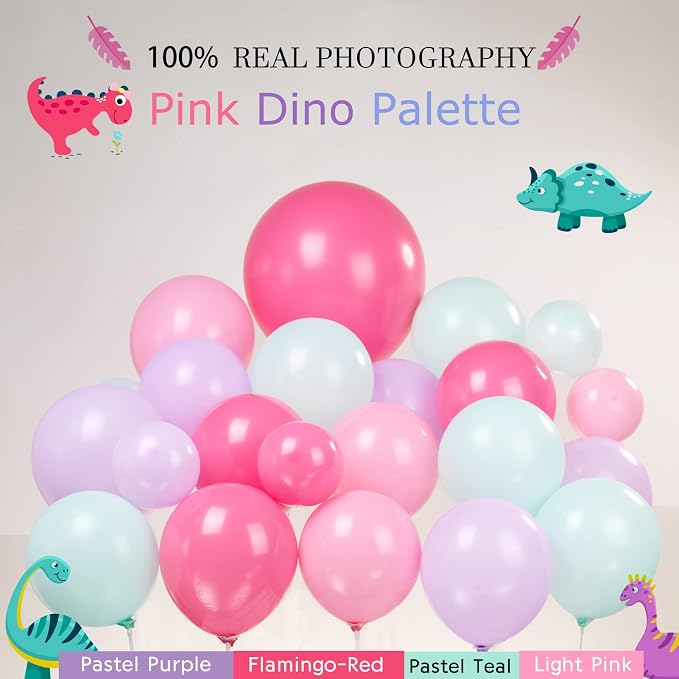 Pink Dino Balloon garland arch kit with Pastel Pink Purple Teal and Foil Dinosaur balloon for dinosaur Theme Party Decorations for Girl (Pink Purple Teal)